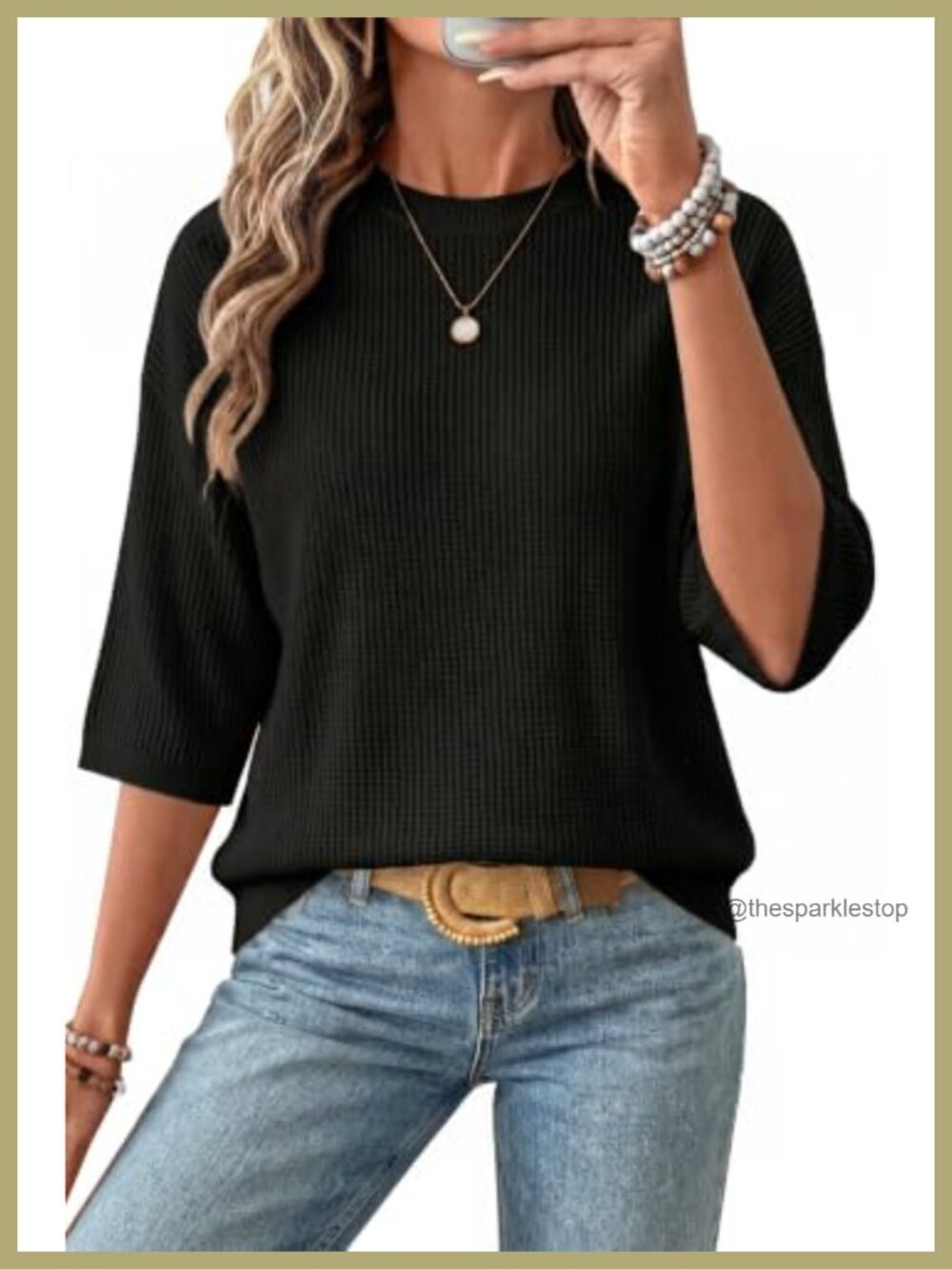 Women's Oversized Crochet Sweater 3/4 Sleeve Cotton Pullover Top